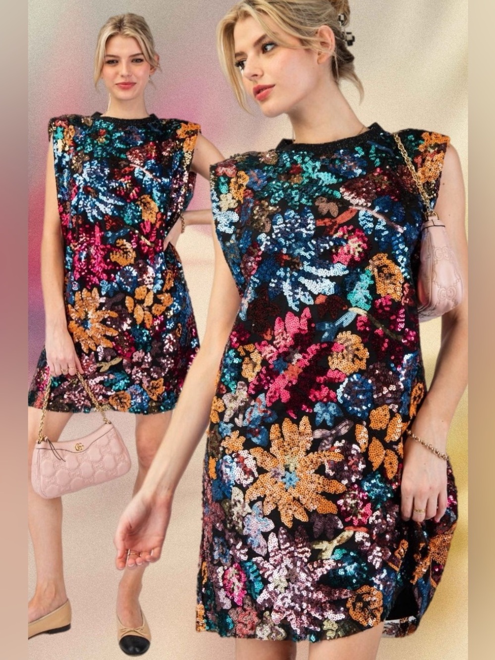 Easel | Eloise Shimmer Shift Holiday Dress Jewel Toned Sequins Floral New Large